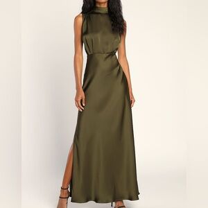 Lulus Classic Elegance Olive Green Satin Sleeveless Mock Neck Maxi Dress large